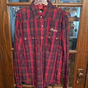 Indian Motorcycle Men's Red and Blue Plaid Shirt